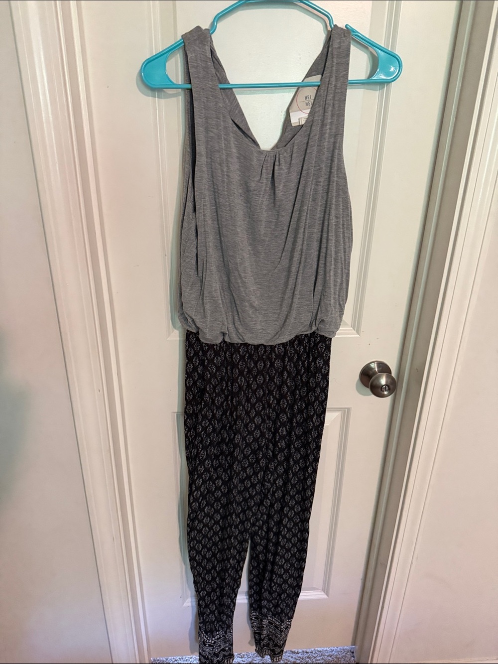 Sleeveless Gray & Black Patterned Knit Jumpsuit